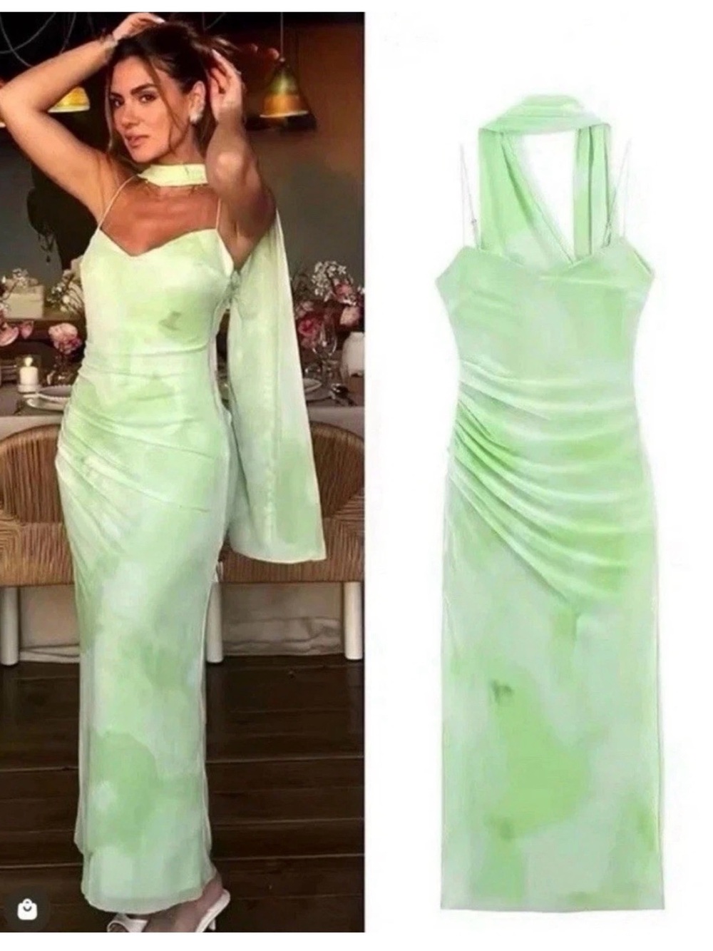 ZARA Mint Green Ruched Maxi Dress with Scarf Wedding Guest Resort Size L NWOT
